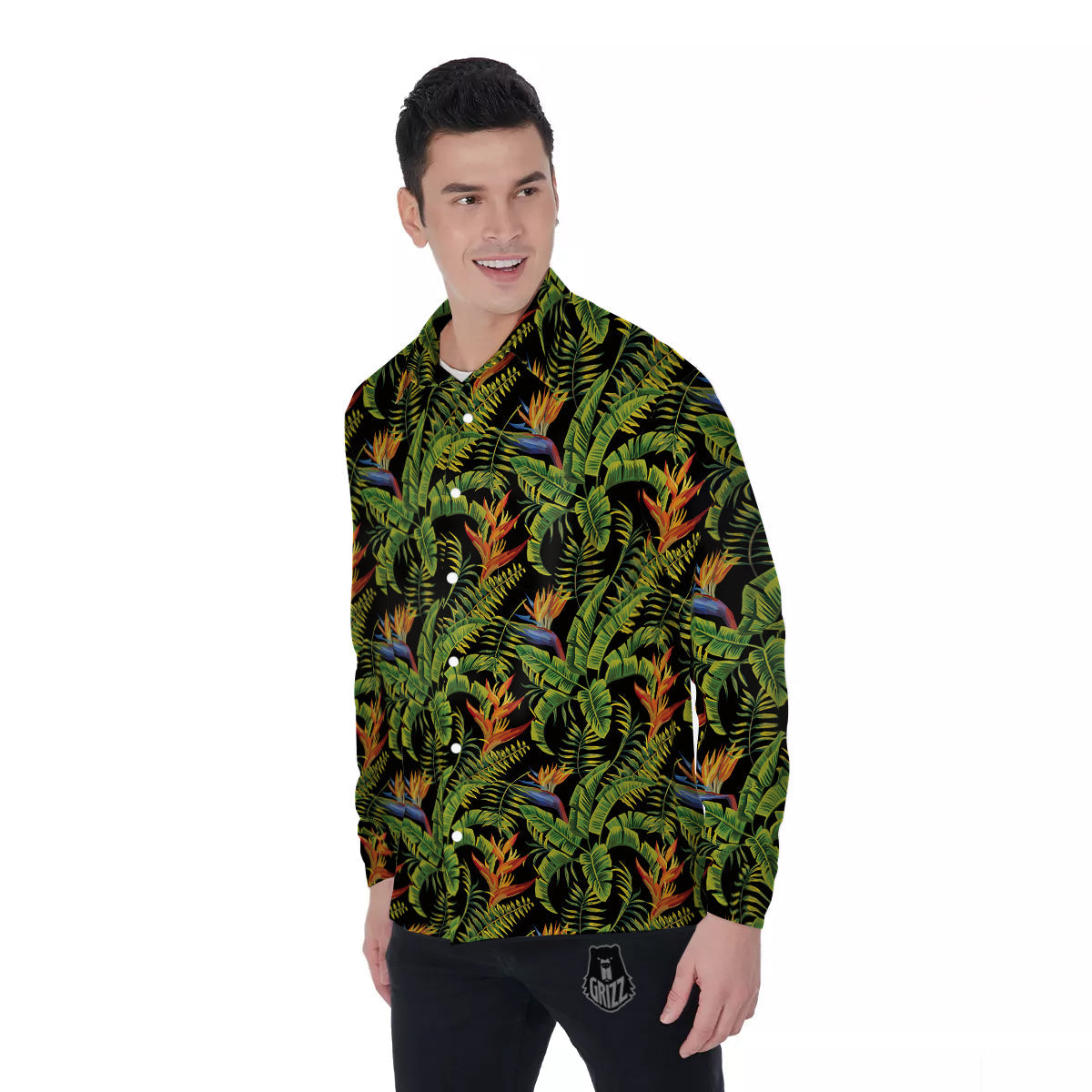 Hawaiian Banana Leaf Print Pattern Men's Long Sleeve Shirts-grizzshop