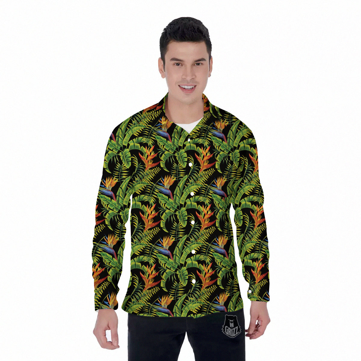Hawaiian Banana Leaf Print Pattern Men's Long Sleeve Shirts-grizzshop