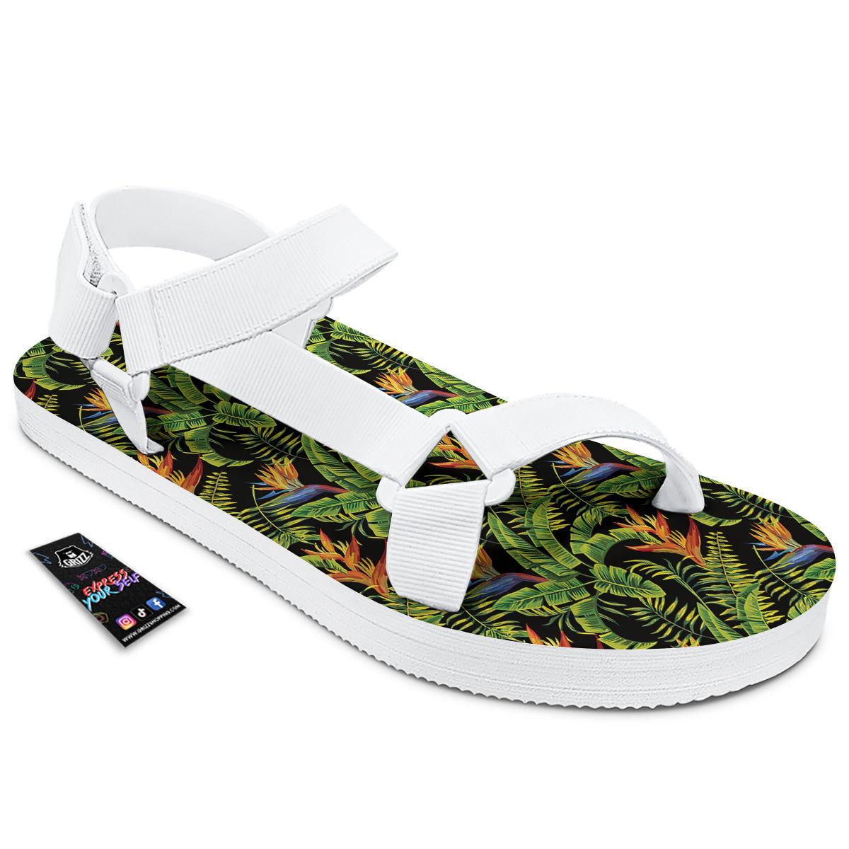 Hawaiian Banana Leaf Print Pattern White Open Toe Sandals-grizzshop