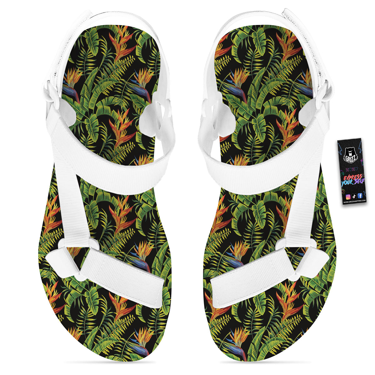 Hawaiian Banana Leaf Print Pattern White Open Toe Sandals-grizzshop