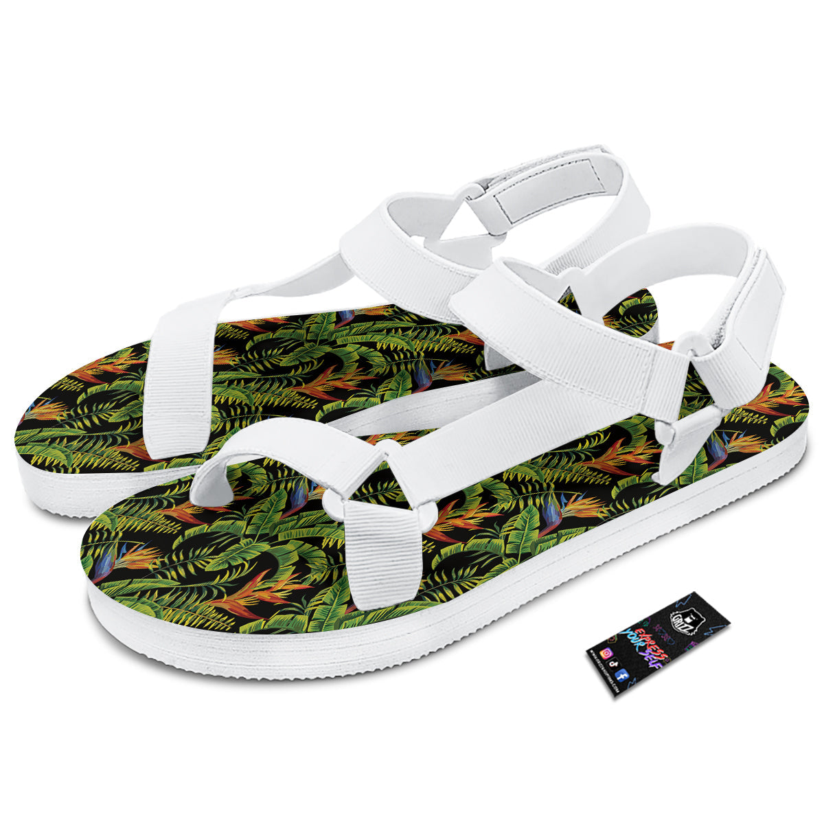 Hawaiian Banana Leaf Print Pattern White Open Toe Sandals-grizzshop