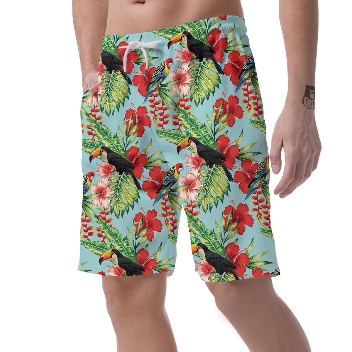 Hawaiian Bird Floral Print Men's Shorts-grizzshop