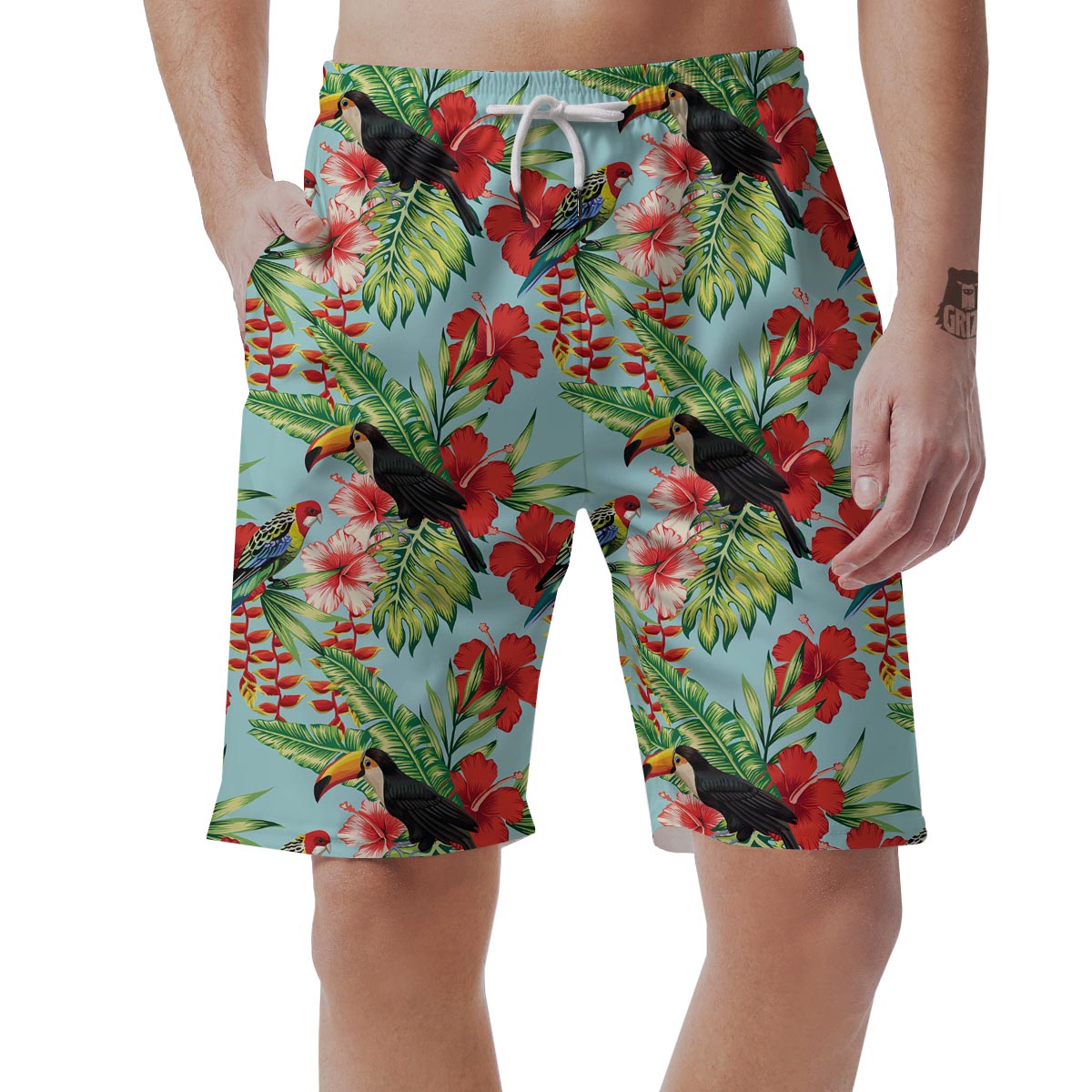 Hawaiian Bird Floral Print Men's Shorts-grizzshop