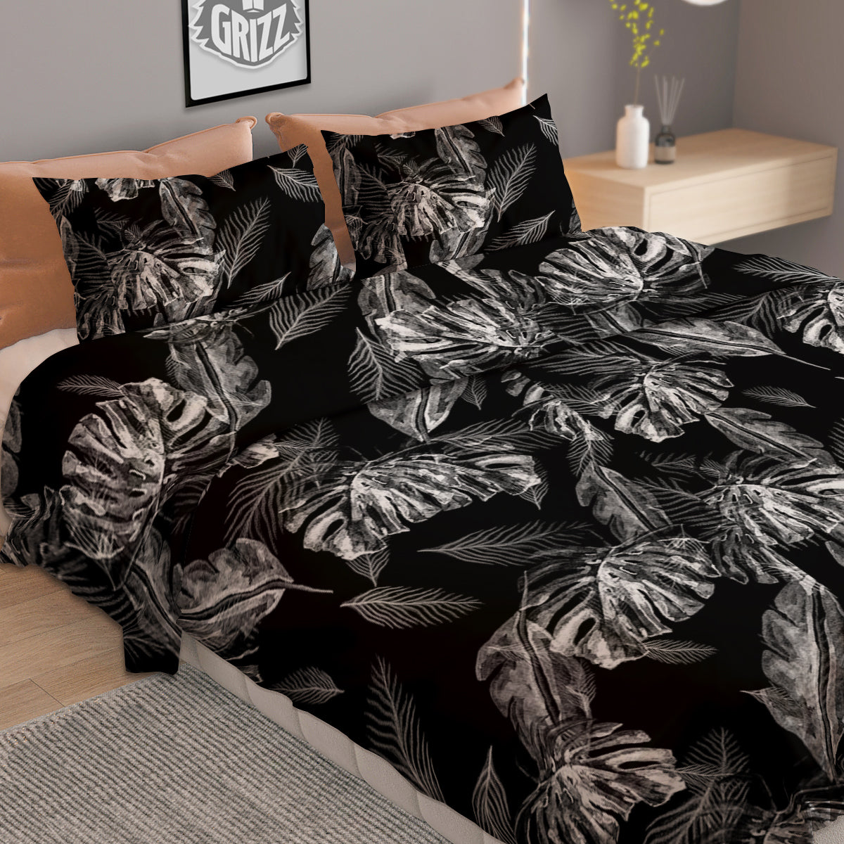 Hawaiian Black And White Print Pattern Duvet Cover Bedding Set