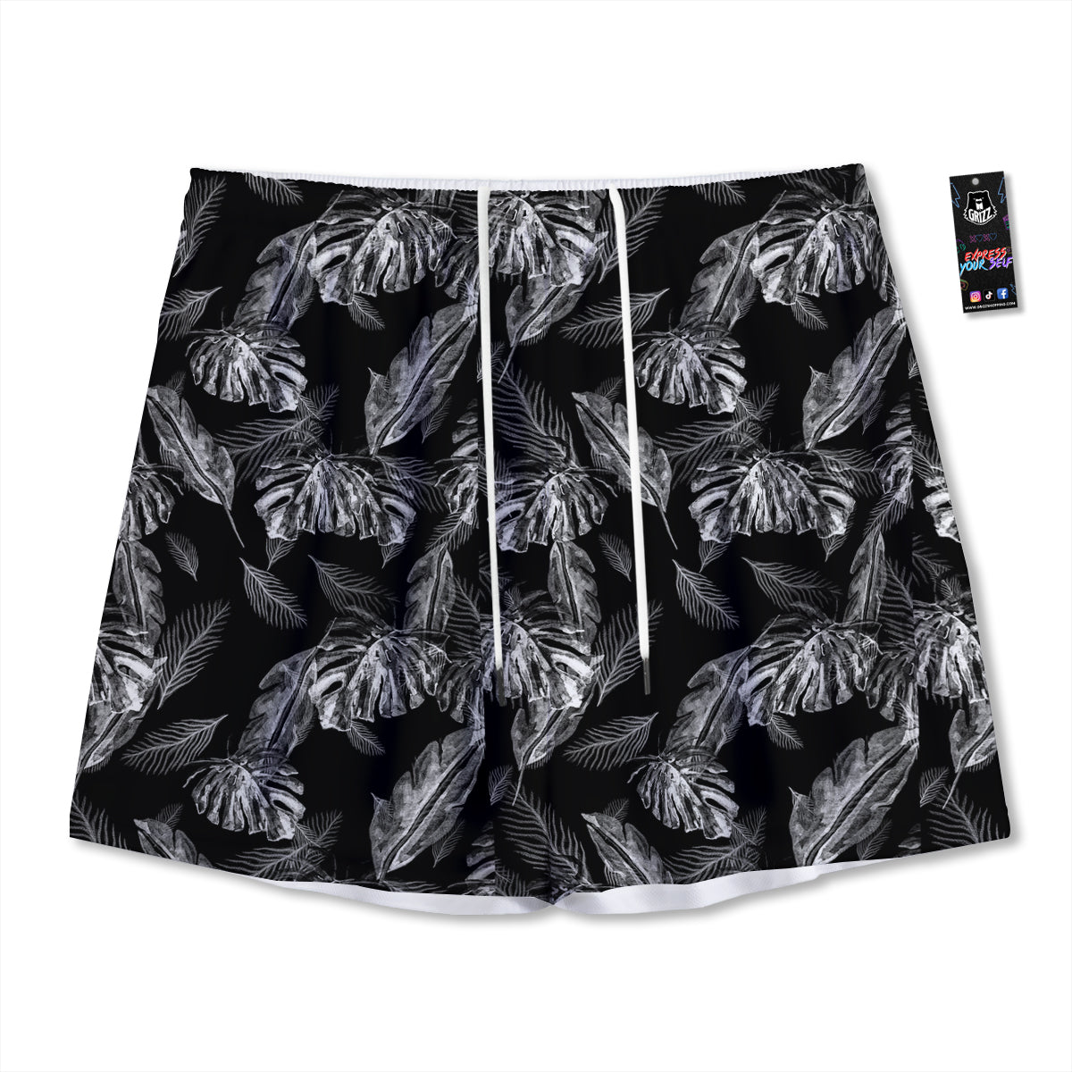 Hawaiian Black And White Print Pattern Mesh Shorts