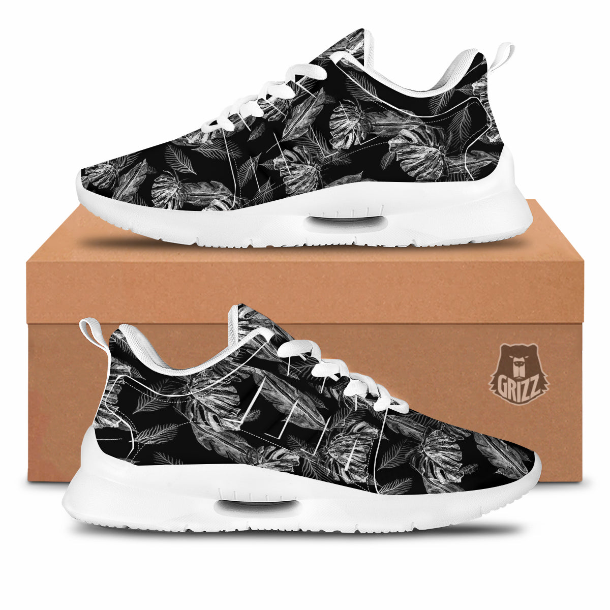 Hawaiian Black And White Print Pattern Tennis Shoes-grizzshop