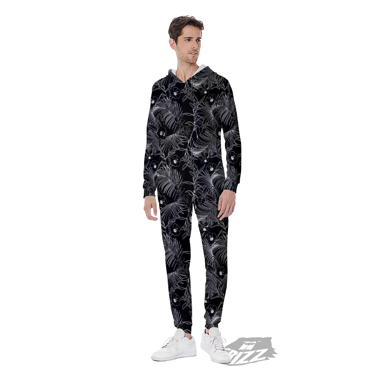 Hawaiian Black Tropical Print Pattern Men's Jumpsuit-grizzshop