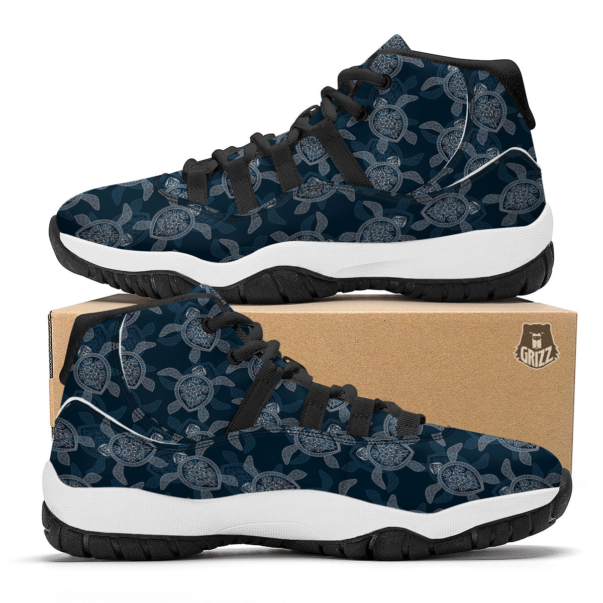 Hawaiian Blue Sea Turtle Pattern Print Black Bball Shoes-grizzshop