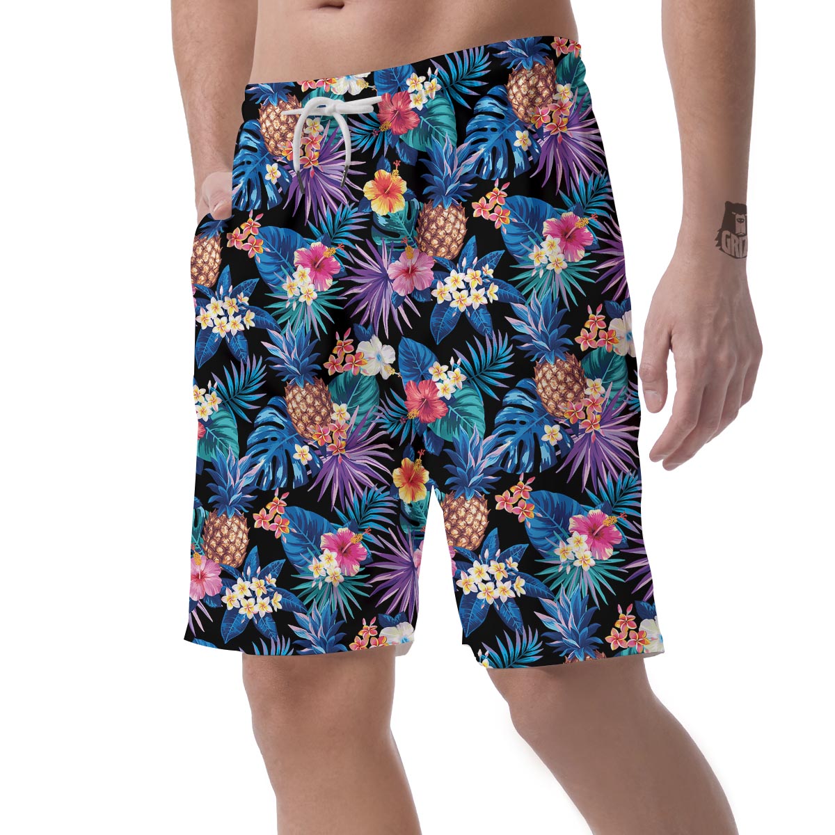 Hawaiian Floral Pineapple Print Men's Shorts-grizzshop