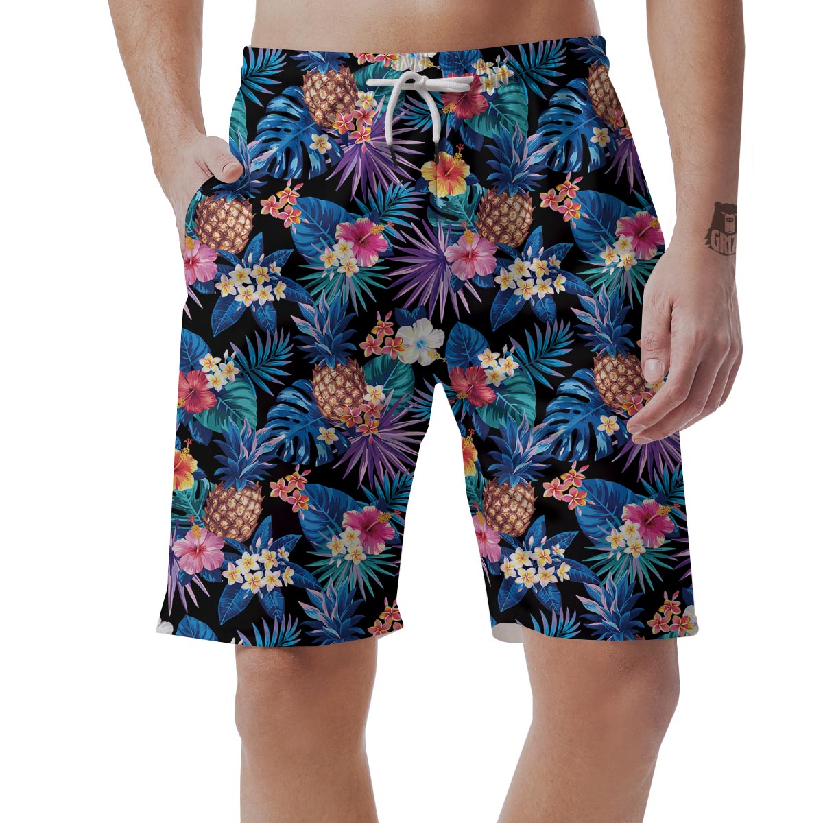 Hawaiian Floral Pineapple Print Men's Shorts-grizzshop