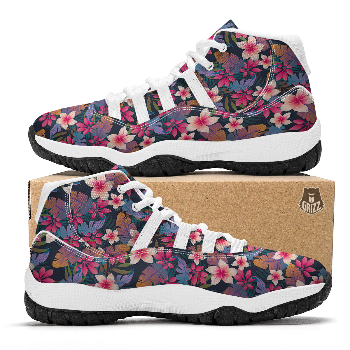 Hawaiian Floral Tropical Flower Hibiscus Palm Leaves Pattern Print White Bball Shoes-grizzshop