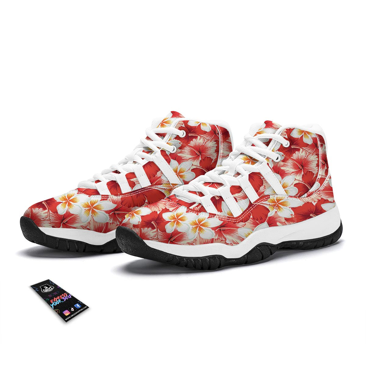 Hawaiian Floral Tropical Flower Red Hibiscus Pattern Print White Bball Shoes-grizzshop
