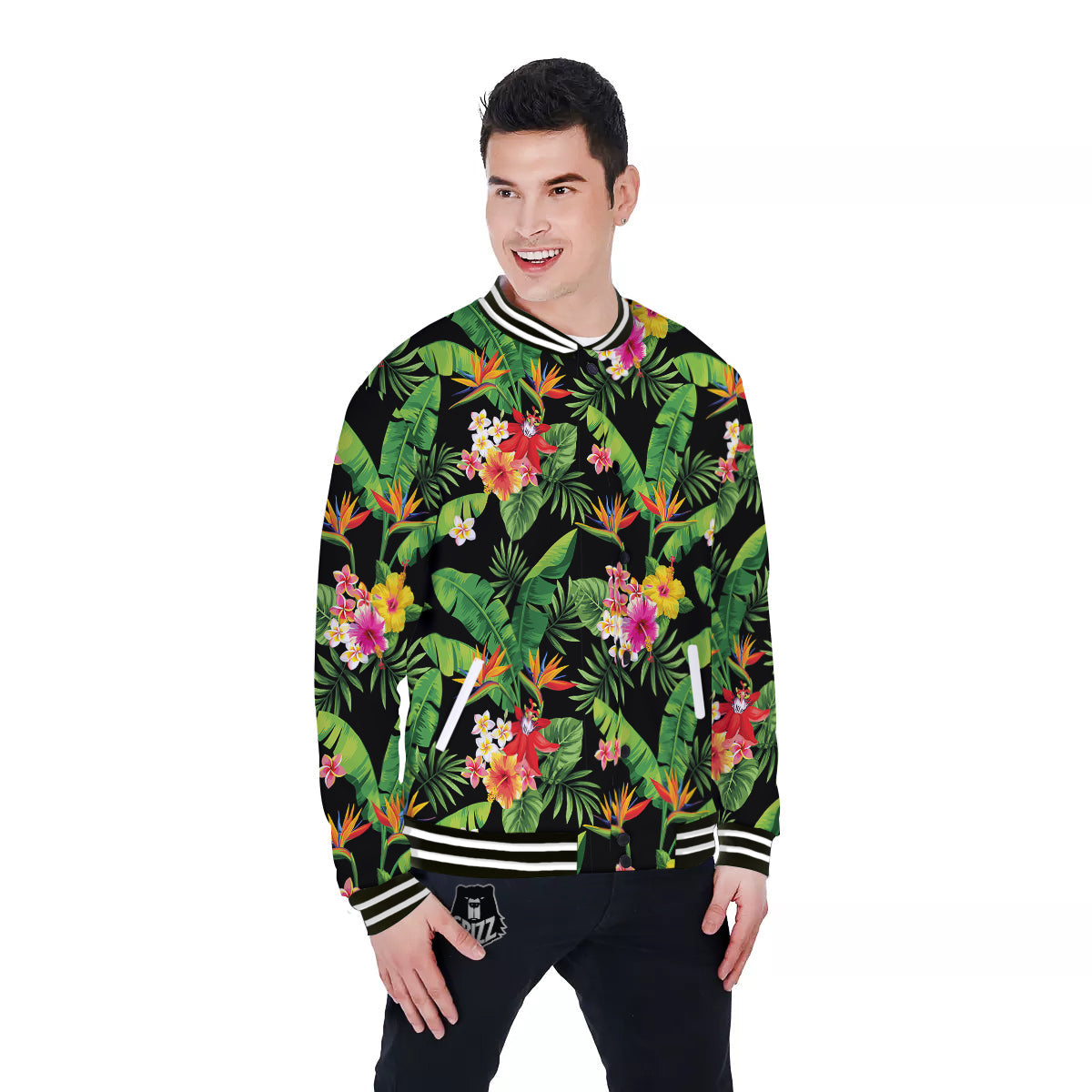 Hawaiian Flower And Tropical Leaf Print Pattern Baseball Jacket-grizzshop