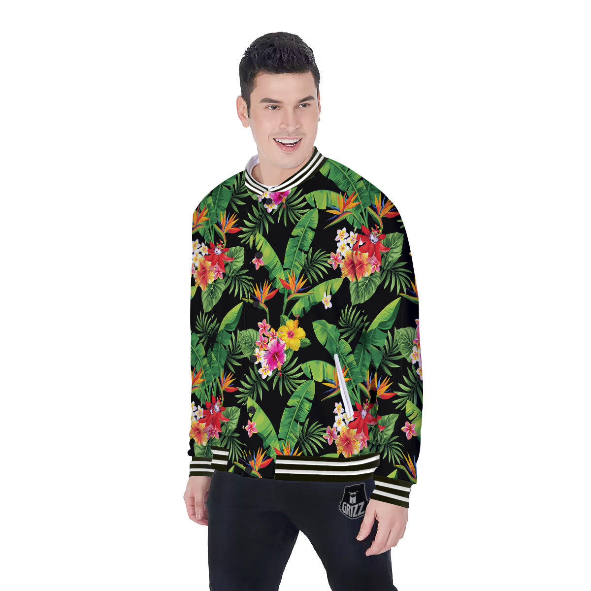 Hawaiian Flower And Tropical Leaf Print Pattern Baseball Jacket-grizzshop