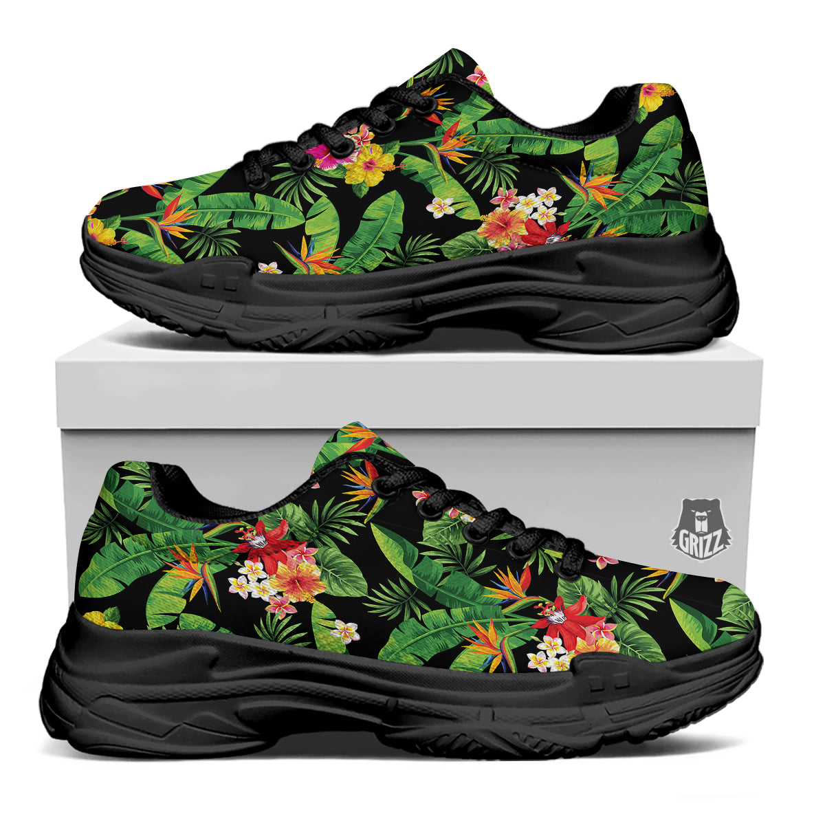 Hawaiian Flower And Tropical Leaf Print Pattern Black Chunky Shoes-grizzshop