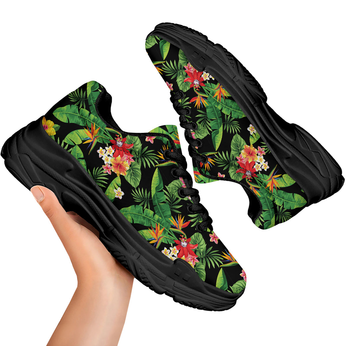 Hawaiian Flower And Tropical Leaf Print Pattern Black Chunky Shoes-grizzshop