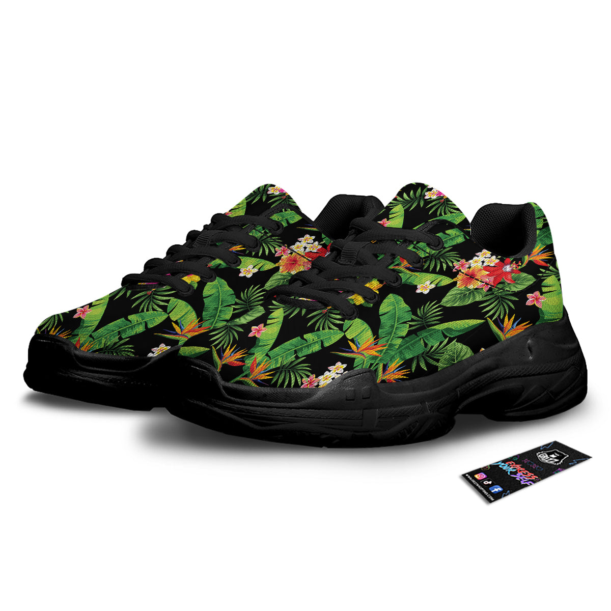 Hawaiian Flower And Tropical Leaf Print Pattern Black Chunky Shoes-grizzshop