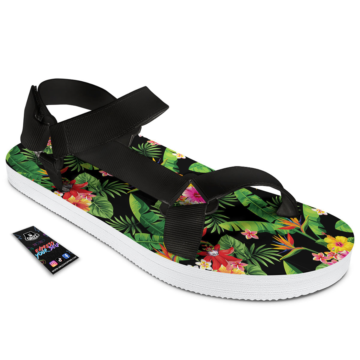 Hawaiian Flower And Tropical Leaf Print Pattern Black Open Toe Sandals-grizzshop