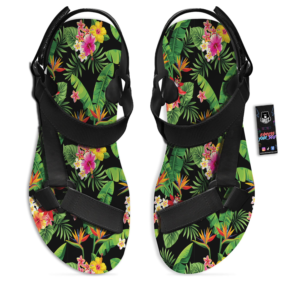 Hawaiian Flower And Tropical Leaf Print Pattern Black Open Toe Sandals-grizzshop