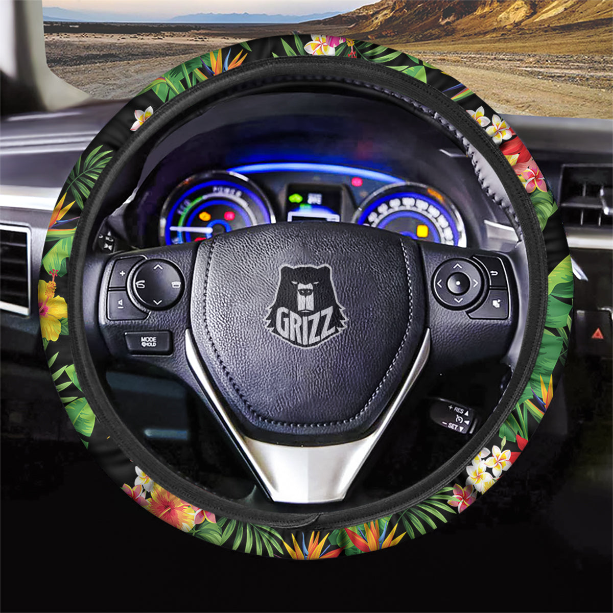 Hawaiian Flower And Tropical Leaf Print Pattern Car Steering Wheel Cover-grizzshop
