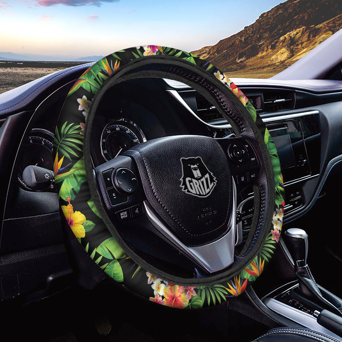 Hawaiian Flower And Tropical Leaf Print Pattern Car Steering Wheel Cover-grizzshop
