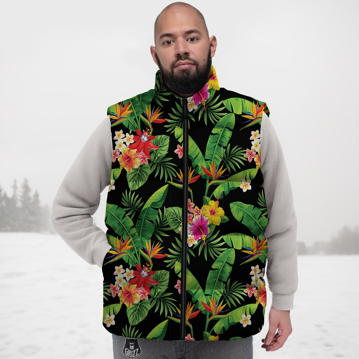 Hawaiian Flower And Tropical Leaf Print Pattern Down Vest