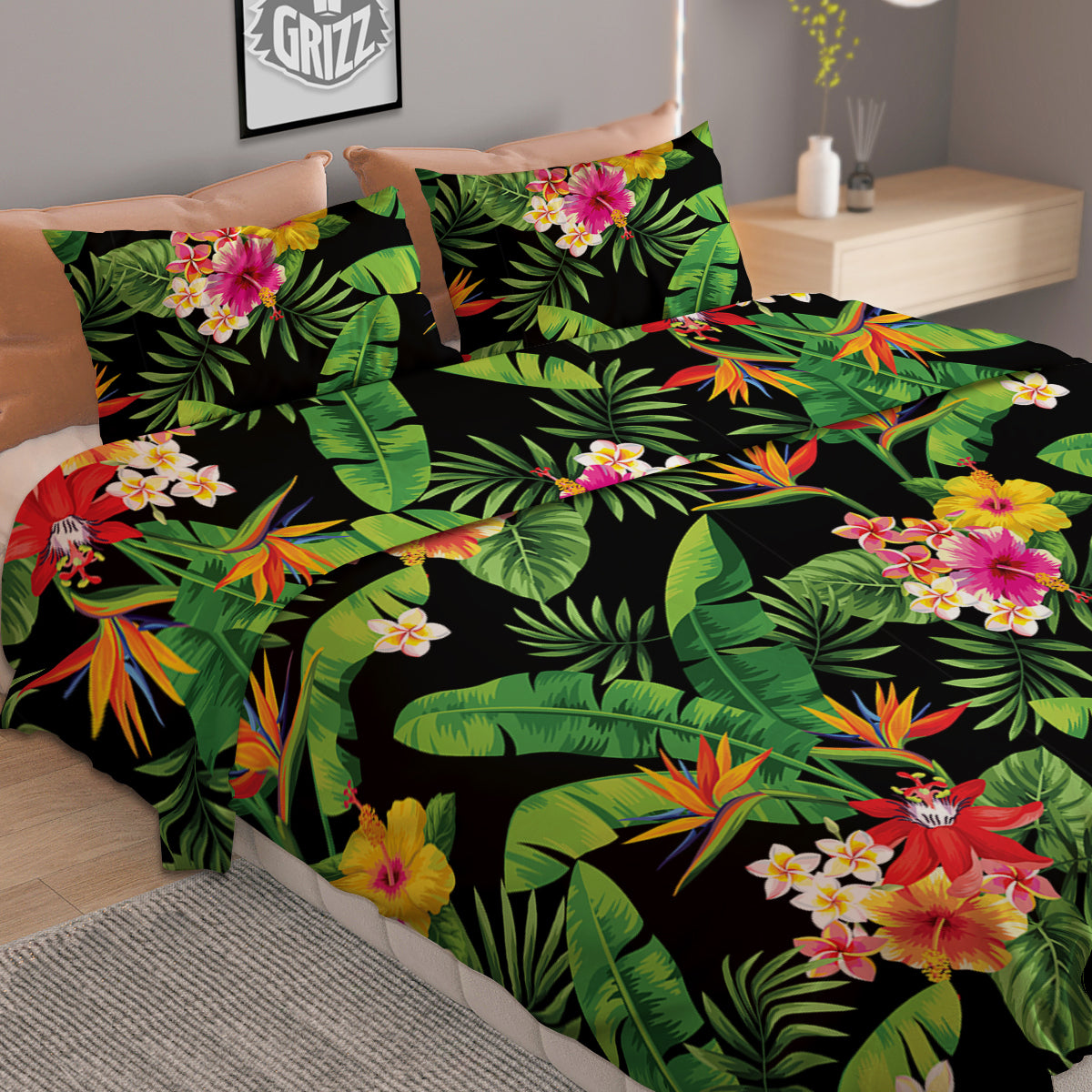 Hawaiian Flower And Tropical Leaf Print Pattern Duvet Cover Bedding Set