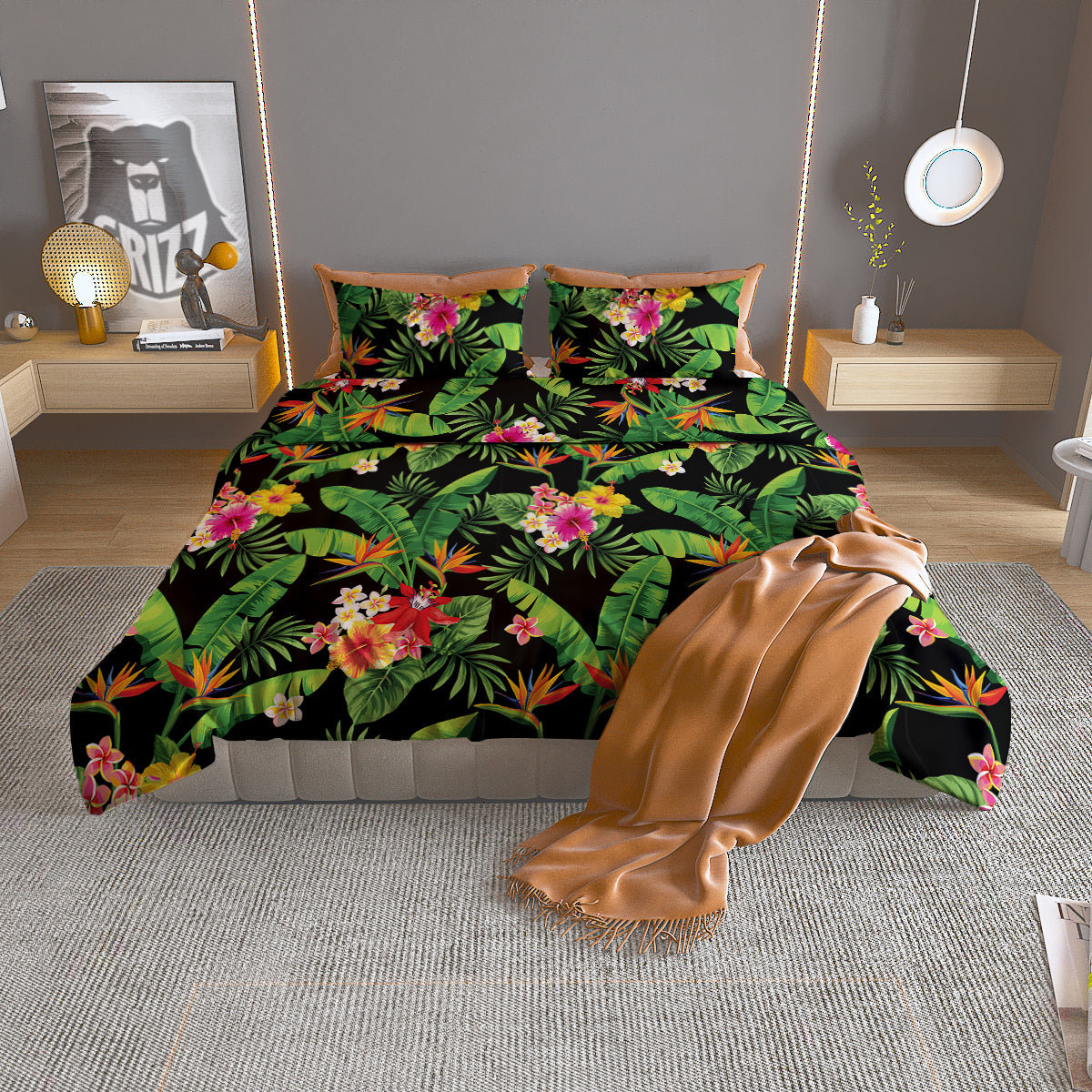 Hawaiian Flower And Tropical Leaf Print Pattern Duvet Cover Bedding Set
