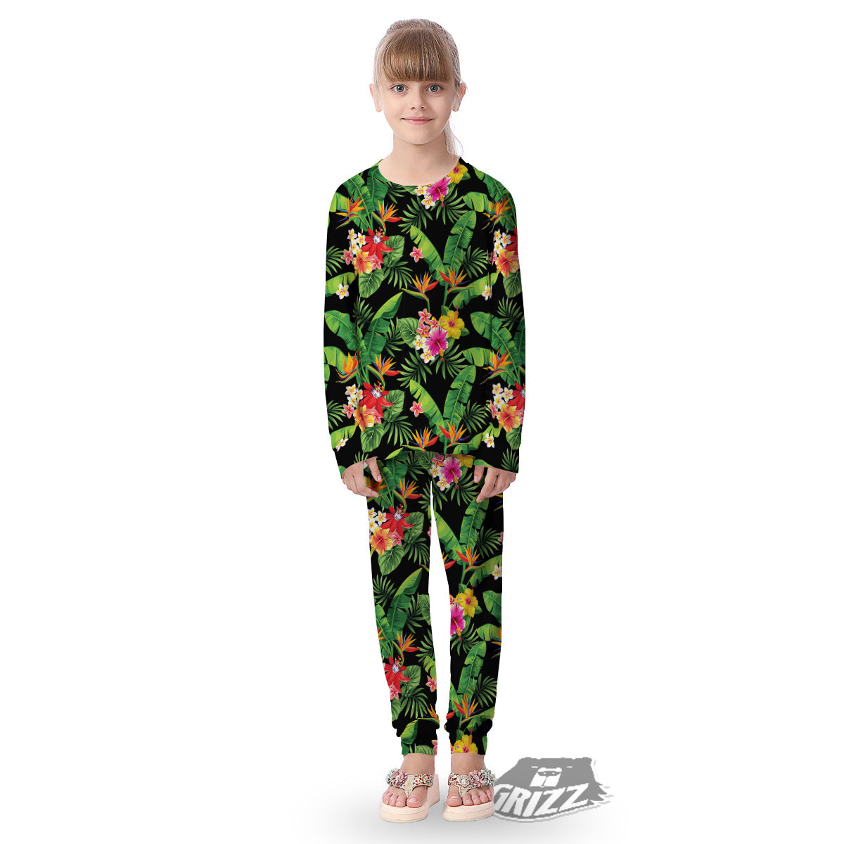 Hawaiian Flower And Tropical Leaf Print Pattern Kid's Pajamas-grizzshop