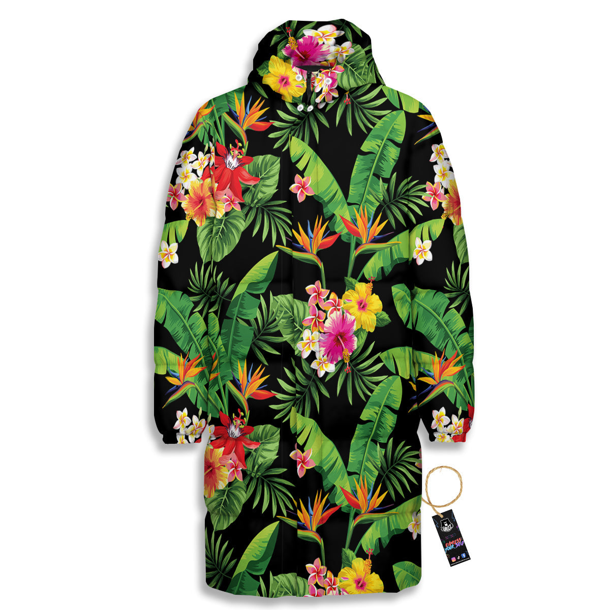 Hawaiian Flower And Tropical Leaf Print Pattern Long Down Jacket-grizzshop