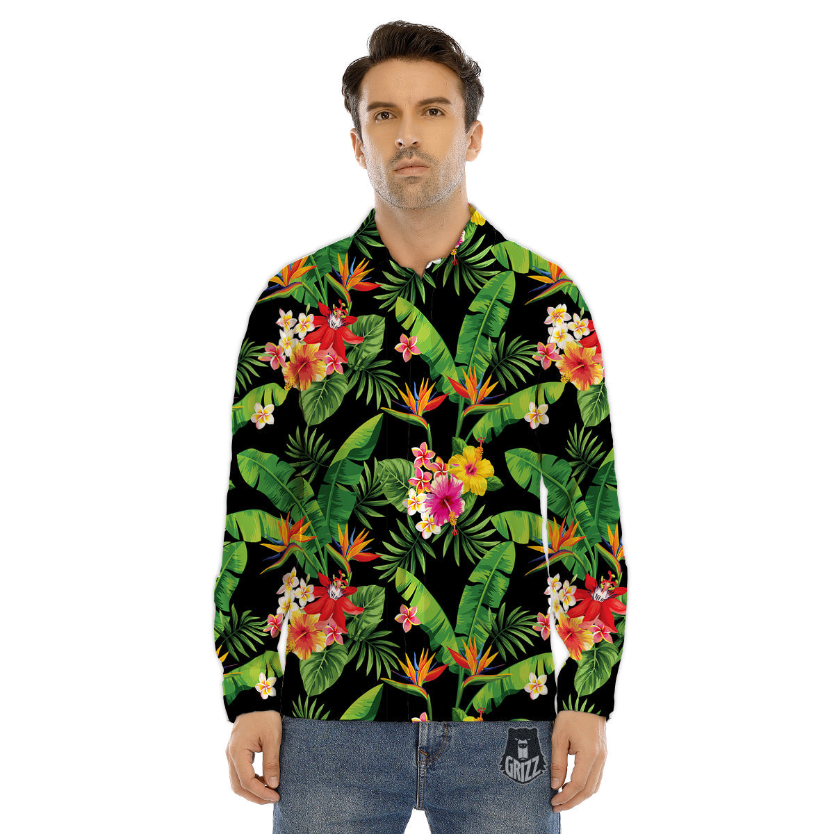Hawaiian Flower And Tropical Leaf Print Pattern Men's Dress Shirts-grizzshop