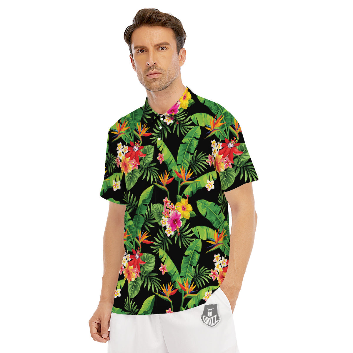 Hawaiian Flower And Tropical Leaf Print Pattern Men's Golf Shirts-grizzshop