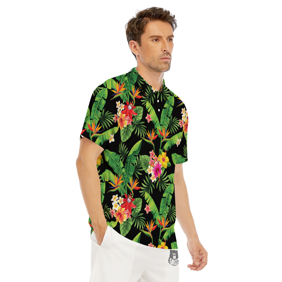 Hawaiian Flower And Tropical Leaf Print Pattern Men's Golf Shirts-grizzshop