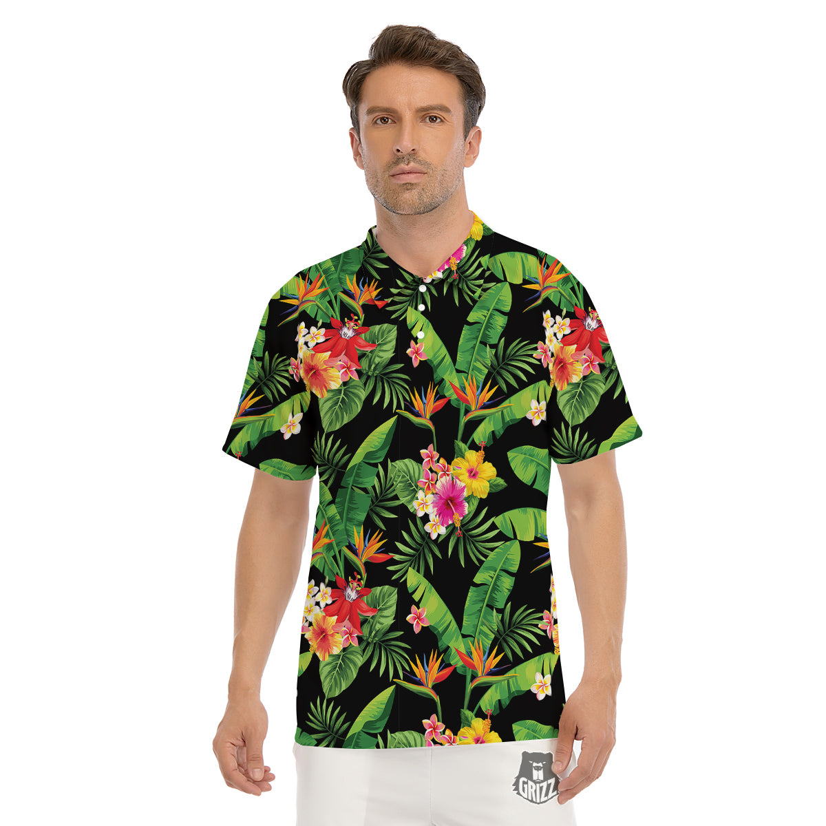 Hawaiian Flower And Tropical Leaf Print Pattern Men's Golf Shirts-grizzshop