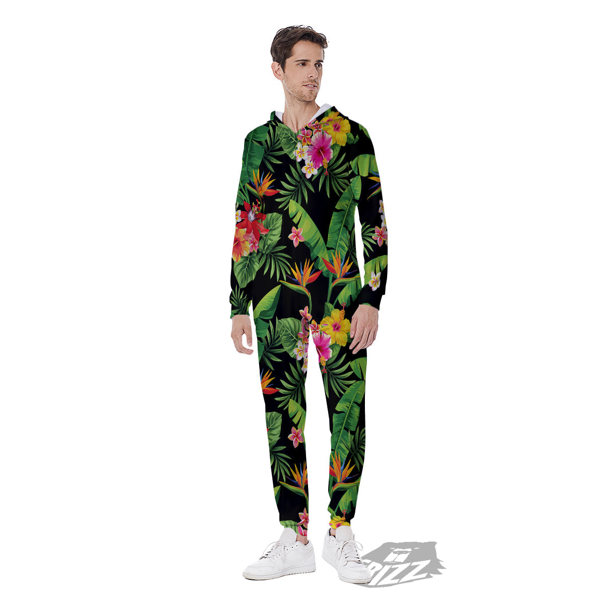Hawaiian Flower And Tropical Leaf Print Pattern Men's Jumpsuit-grizzshop
