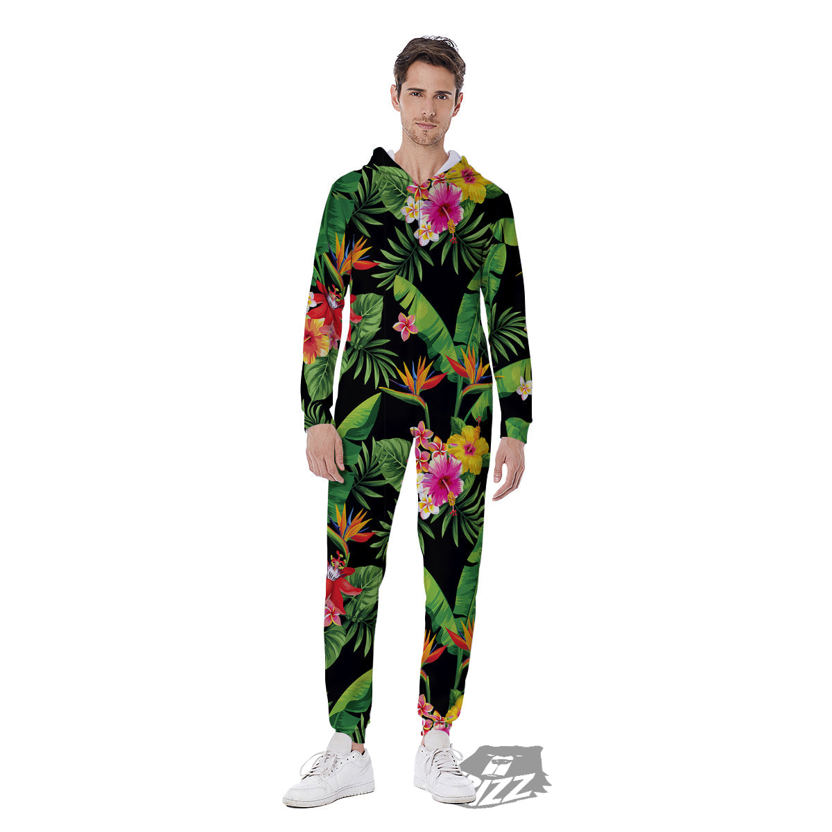 Hawaiian Flower And Tropical Leaf Print Pattern Men's Jumpsuit-grizzshop