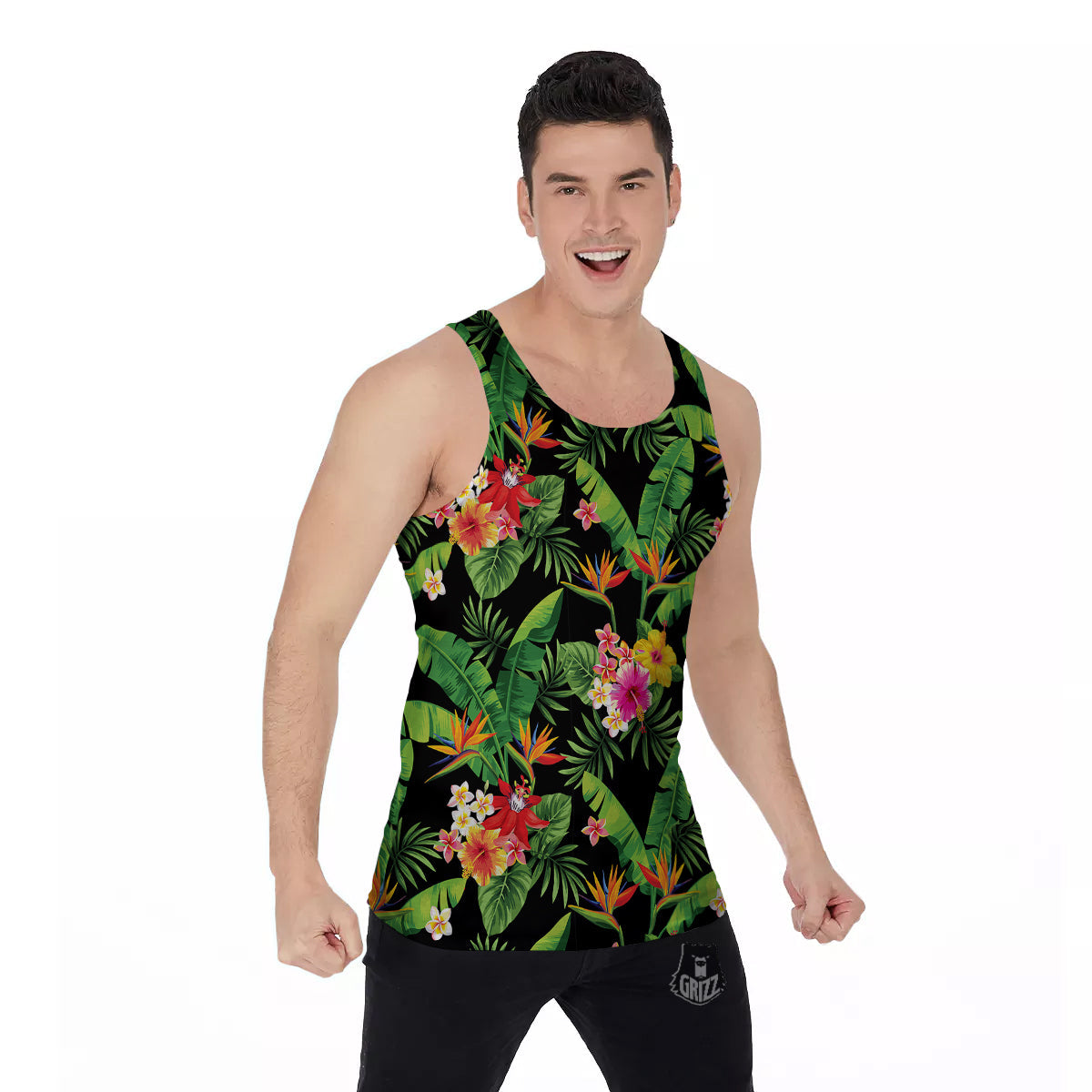 Hawaiian Flower And Tropical Leaf Print Pattern Men's Tank Top-grizzshop