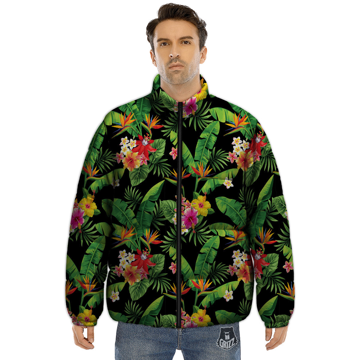 Hawaiian Flower And Tropical Leaf Print Pattern Puffer Jacket-grizzshop