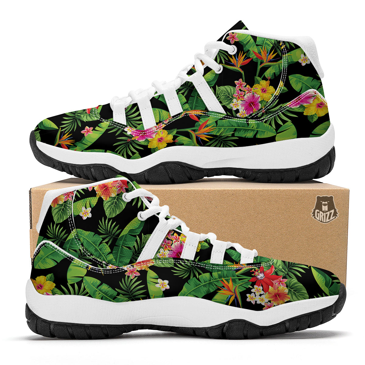 Hawaiian Flower And Tropical Leaf Print Pattern White Bball Shoes-grizzshop