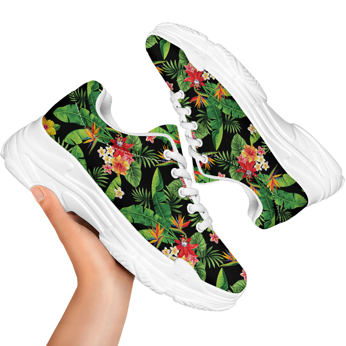 Hawaiian Flower And Tropical Leaf Print Pattern White Chunky Shoes-grizzshop