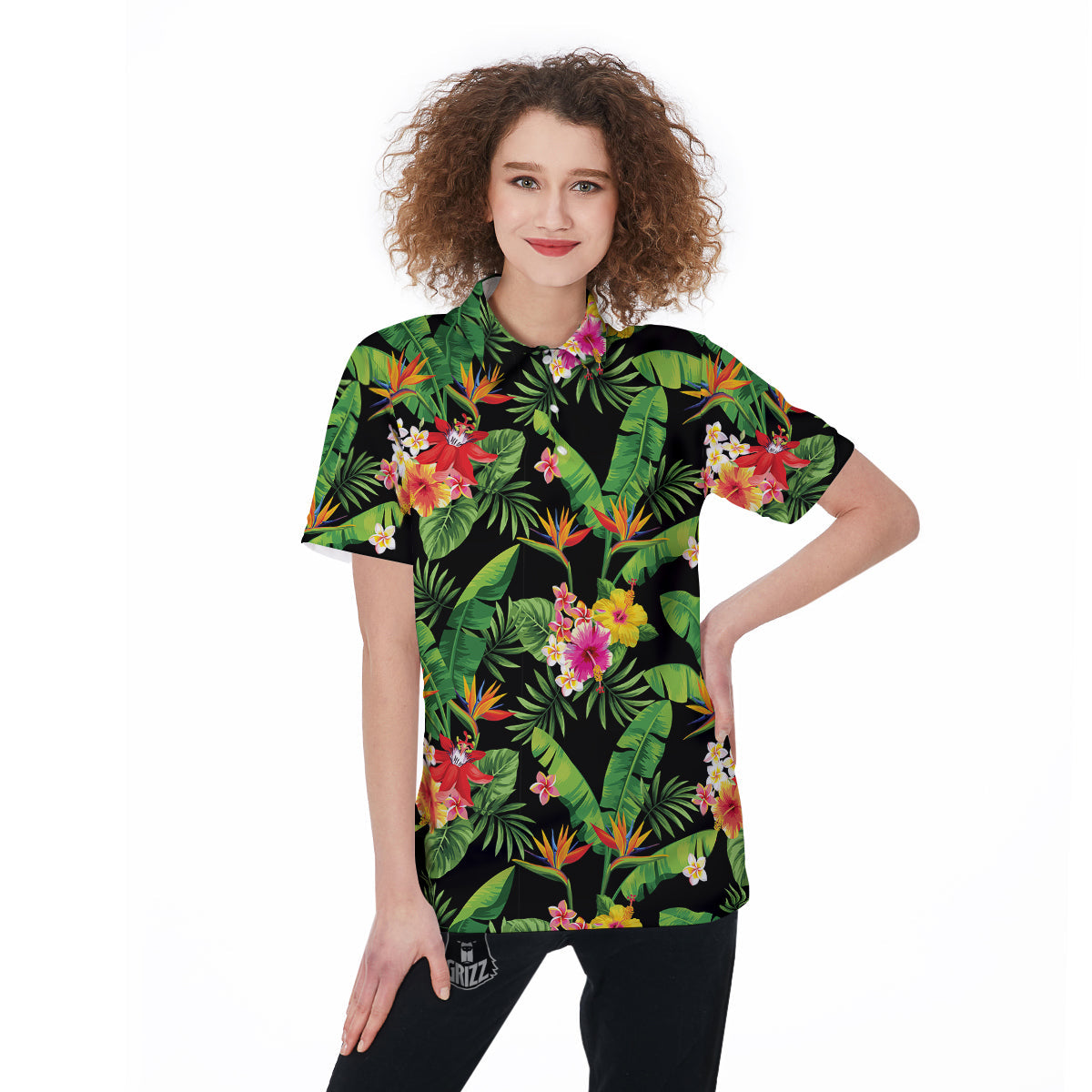 Hawaiian Flower And Tropical Leaf Print Pattern Women's Golf Shirts-grizzshop