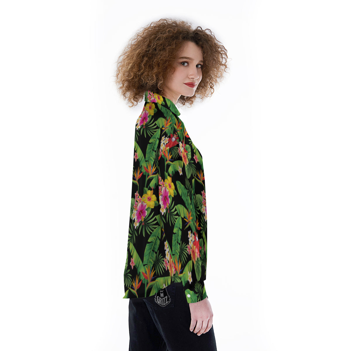 Hawaiian Flower And Tropical Leaf Print Pattern Women's Long Sleeve Shirts-grizzshop