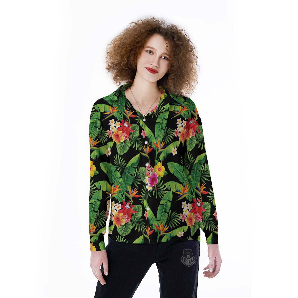 Hawaiian Flower And Tropical Leaf Print Pattern Women's Long Sleeve Shirts-grizzshop