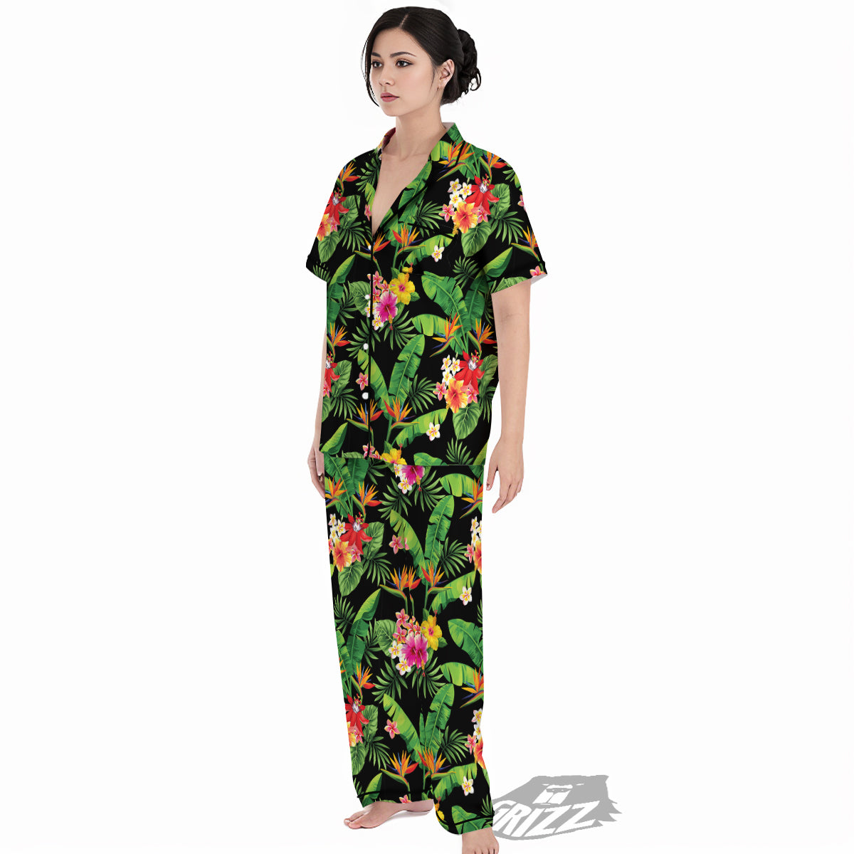 Hawaiian Flower And Tropical Leaf Print Pattern Women's Pajamas Set-grizzshop