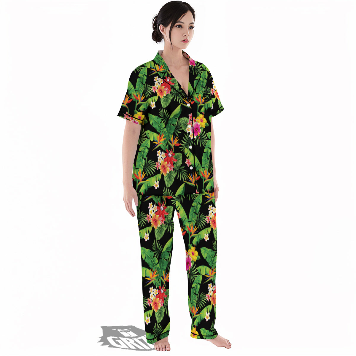 Hawaiian Flower And Tropical Leaf Print Pattern Women's Pajamas Set-grizzshop