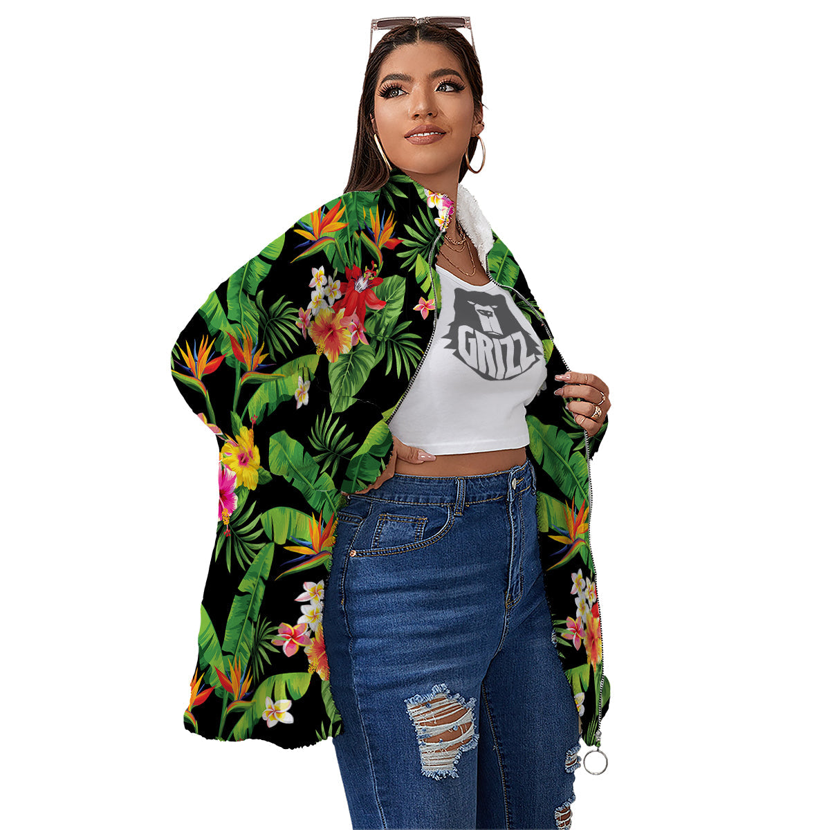Hawaiian Flower And Tropical Leaf Print Pattern Women's Sherpa Jacket-grizzshop
