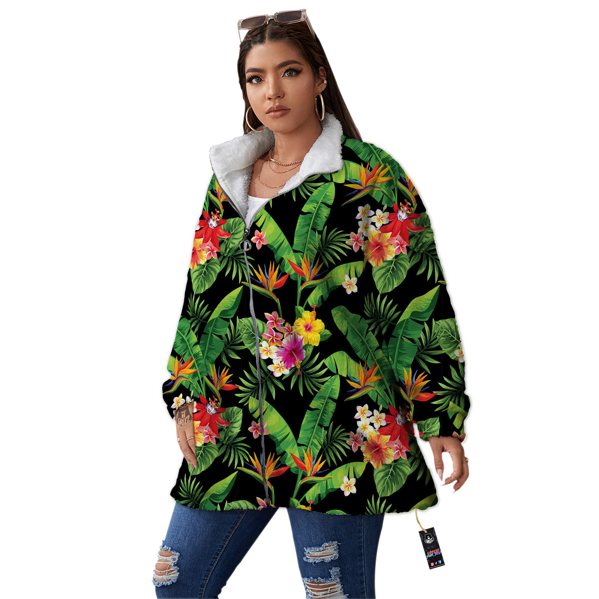 Hawaiian Flower And Tropical Leaf Print Pattern Women's Sherpa Jacket-grizzshop