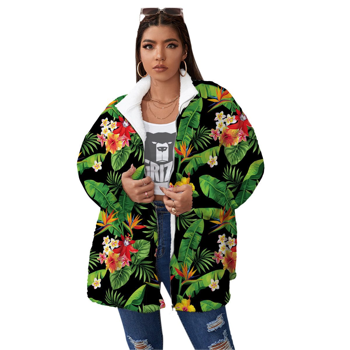 Hawaiian Flower And Tropical Leaf Print Pattern Women's Sherpa Jacket-grizzshop