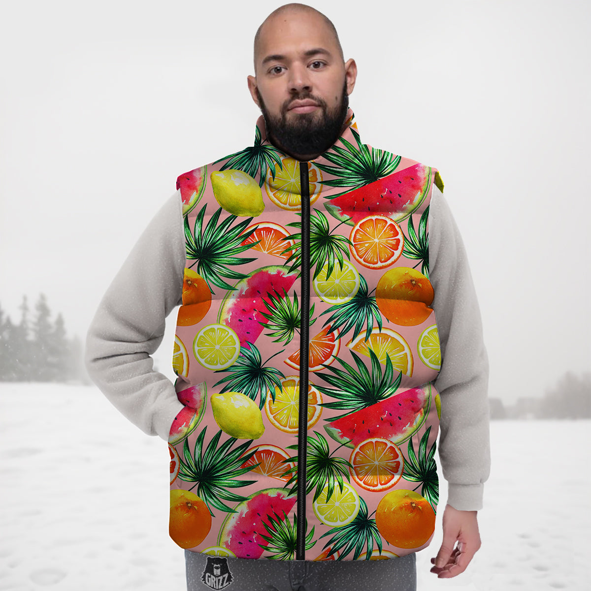 Hawaiian Fruits And Palm Tropical Print Pattern Down Vest-grizzshop