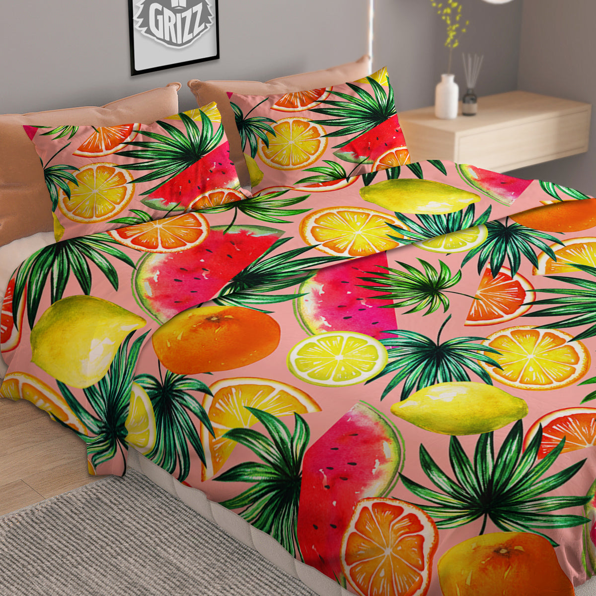Hawaiian Fruits And Palm Tropical Print Pattern Duvet Cover Bedding Set